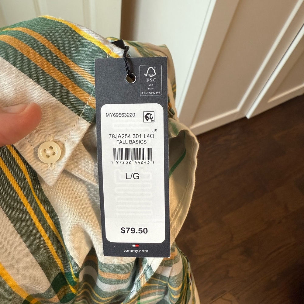 NWT Men’s L Tommy Hilfiger Fall Basics Button‎ Up Dress Shirt Green Plaid Long - Picture 10 of 14